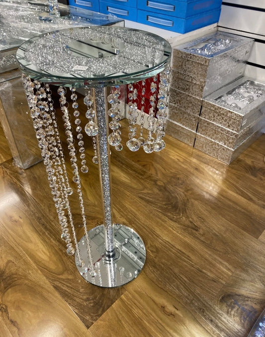 Diamond Crushed Mirror Side Table with Crystal Beads
